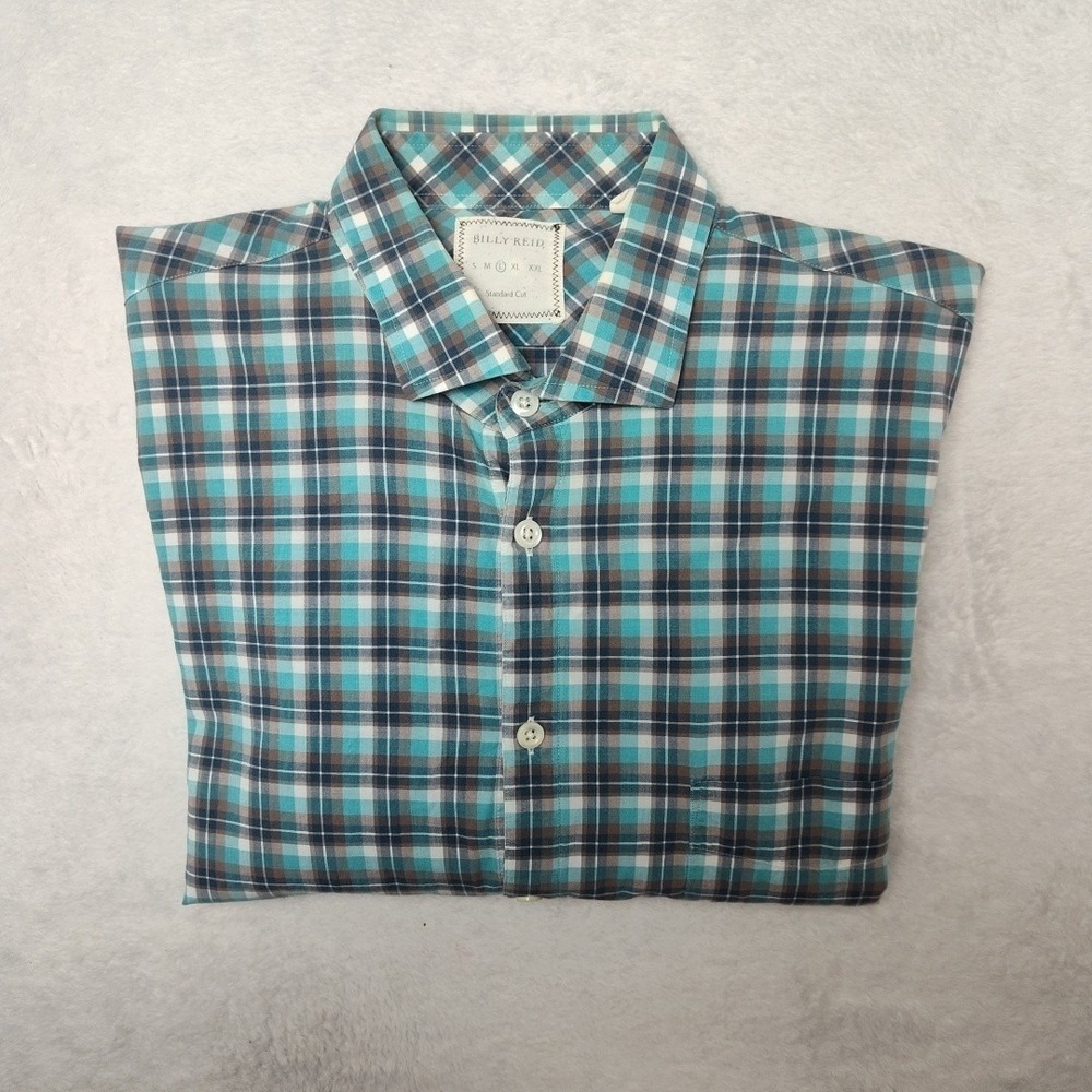 Billy Reid Shirt Mens Large Blue Plaid Standard Cut Long Sleeve Button Up Cotton